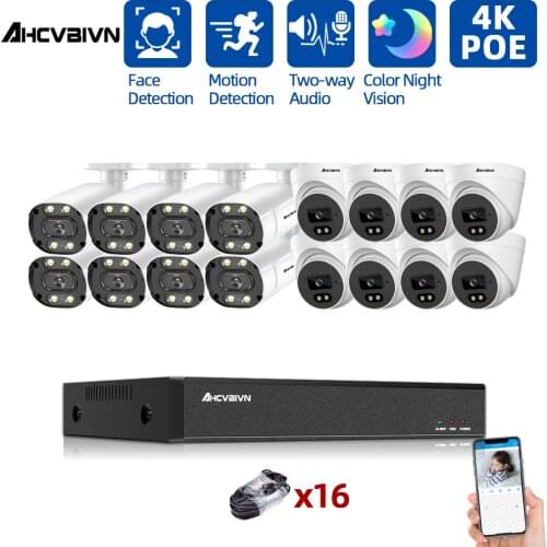 H.265+ 4K 16CH 8MP POE NVR Kit HD Color Night Vision CCTV Security Camera System Kit Two Way Audio Video Surveillance System Set