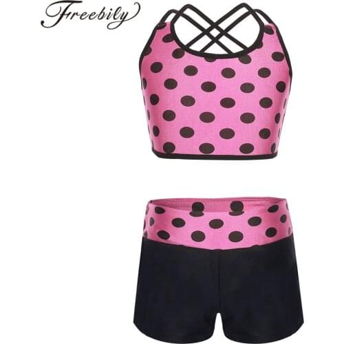 2PCS Girls Summer Swimwear Tankini Suits Polka Dots Swim Tank Top with Bottoms Beachwear Ballet Dance Gym Workout Sports Outfit