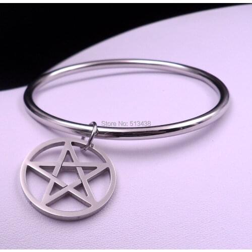 Hot selling Stainless Steel Cuff Bangle pentagram satanic symbol Satan worship Charms Bracelet 2.68'' women Mens gifts