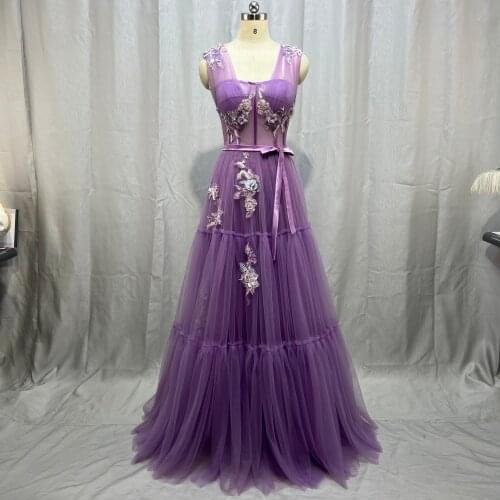 Booma V-Neck Purple Prom Dresses Sequin Appliques Exposed Boning A-Line Prom Gowns Sleeveless Tiered Tulle Formal Party Dresses