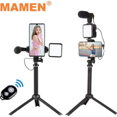MAMEN Vlogging Kit Selfie Equipment with Metal Phone Tripod LED Light Microphone for Smartphone iPhone Video Record YoTube Set