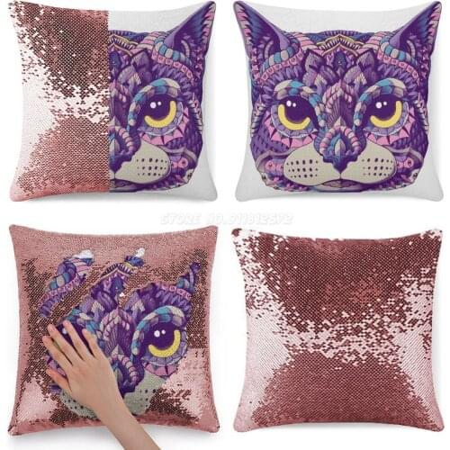 Cat Head ( Color Version ) Sequin Pillowcase Throw Pillow Cover for Sofa 40X40cm Mermaid Cat Meow Kitty Kitten Feline Ornate Man