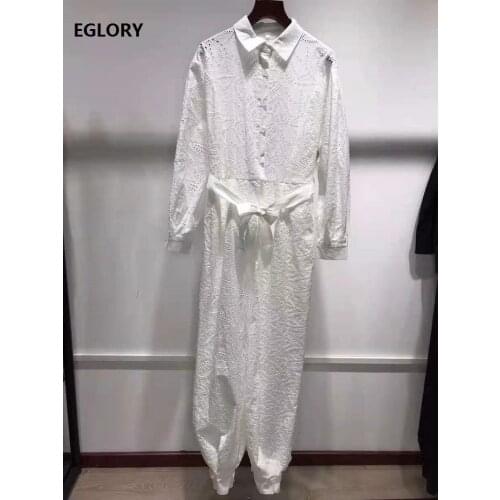 Top Quality New Jumpsuit 2021 Spring Autumn Rompers Women Turn-down Collar Allover Hollow Out Embroidery Long Sleeve Jumpsuits