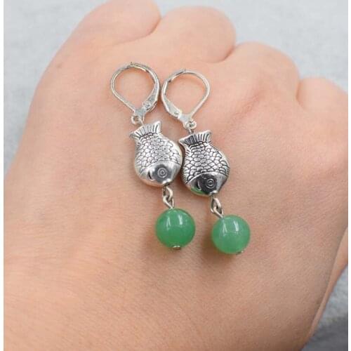 One pair green jade round 8mm +fish hook earrings FPPJ wholesale beads nature