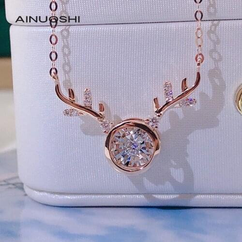 AINUOSHI 18K Gold Round 0.03ct Real Diamond Dancing Sweet Antler Necklace Fashion Classic Style Anniversary Jewelry 18