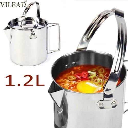 VILEAD Stainless Steel 1.2L Outdoor Cooking Kettle Portable Camping Tableware Kettle BBQ Picnic Hiking Travel Tools Equipment
