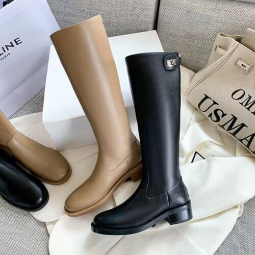 Ochanmeb Natural Real Cow Leather Boots for Women Winter Warm Knee High Boot Woman Size 33-41 Brand Gold Lock Dress Shoes Ladies