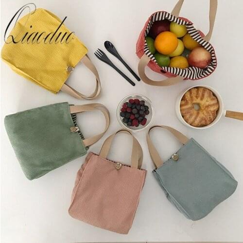 Qiaoduo Lunch Bag Corduroy Canvas Lunch Box Picnic Tote Cotton Cloth Handbag Pouch Dinner Container Food Storage Bags For Ladies
