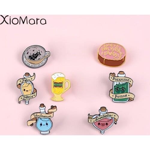 Magic School Enamel Pins Cartoon Magical Potions Felix Butterbeer Birthday Cake Movie Jewelry Wizard Lapel pins For Kids GIfts
