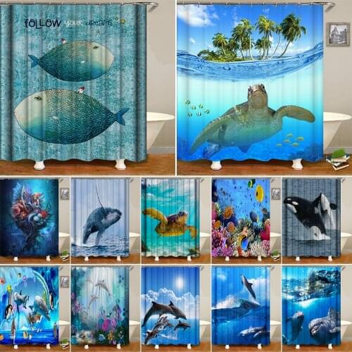 New Underwater World Fish Turtle 3d Shower Curtains Ocean Dolphin Fabric Waterproof Polyester Bath Curtain Bathroom Decor Screen