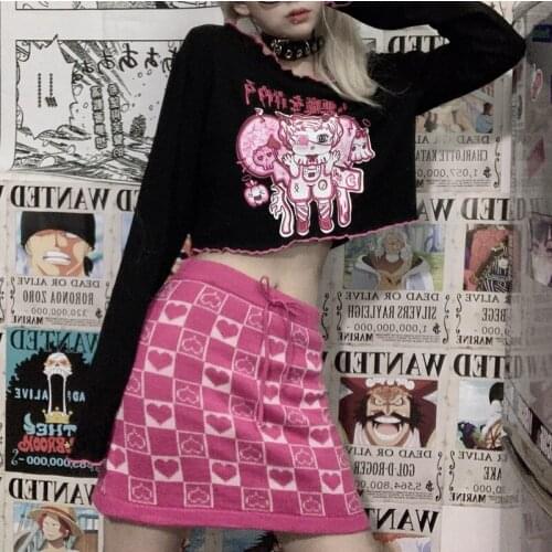 Women Spring New Japanese Harajuku Long Sleeve Tshirt Dark Anime Print Crop Top Student Black Loose Cute Girls Tee Shirt Spring