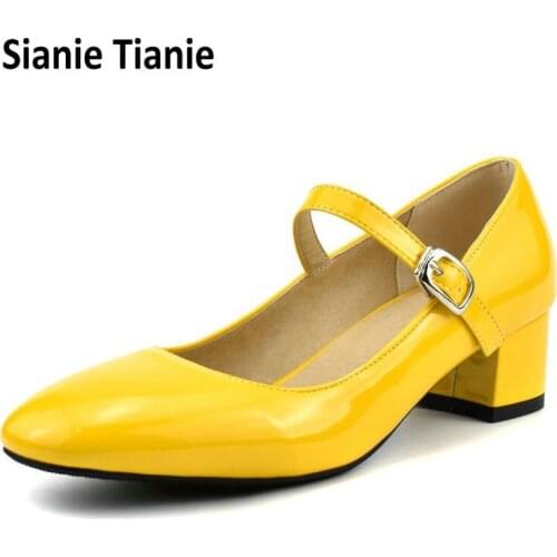Sianie Tianie 2020 spring summer patent PU leather yellow white girls shoes buckle strap ladies dress med heels mary janes pumps