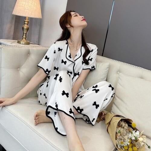 Spring Summer Womens Korean Pajamas Sets Short Sleeve Long Pants Print Female Pyjamas Top Sweet Plus Size Casual Soft Homewear