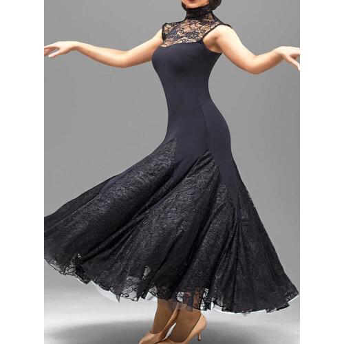 Modern dance sleeveless turtleneck lace collar package hip lace pendulum two layers dress W15055