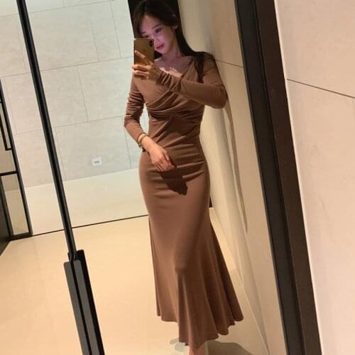 ZUOMAN Vintage Autumn Dresses Womens V-neck Sheath Mermaid Dress Elegant Korean Simple Bodycon Work Office Long Vestidos