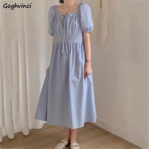 French Style Gentle Blue Dress Women Puff Sleeve Lace-up Slender Square Collar Fairy Midi Dresses Female Stylish Casual Vestido