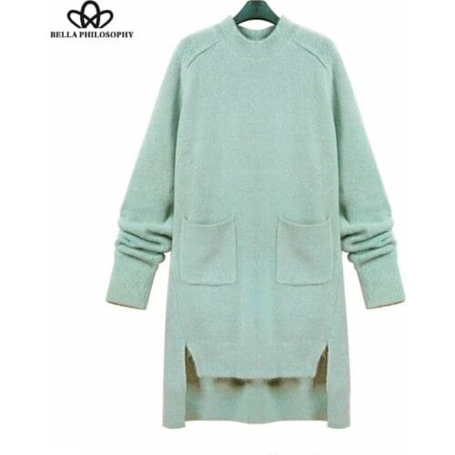 Bella Philosophy autumn winter new women wool sweater long dress long sleeve light blue green double pockets