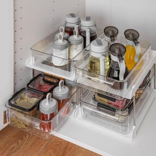 2 Tier Standing Spice Drawer Rack Bottles Cans Kitchen Storage Transparent Organizer Standing Slide Storage Shelves