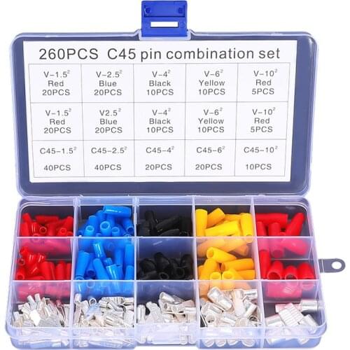 260pcs C45-1.5/2.5/4/6/10 mm² Circuit Breaker plug Pin-Shaped Cable Wire Lug Insert Crimp Terminal Joint Kit Copper Tin Plated