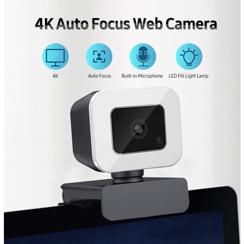 4K Auto Focus Web Camera Driver-free USB Webcam with Noise Reduction Microphone LED Fill Light Lamp for Video Chat Conference
