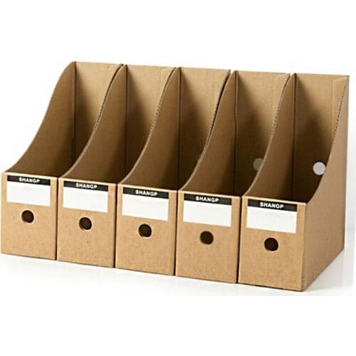 5pcs Office Document File Storage Box Kraft Corrugated Magazine File Holders with Labels Desktop Organizer Stationery Rack