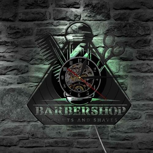 Barber Shop Salon Wall Clock Hairdresser Hair Salon Art Vinyl Record Wall Clock With 3D Decor LED Night Light Barbershop Decor
