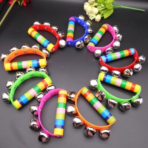 Wooden Toy Rainbow Hand Shake Bell Rattles 5 Jingle Toddler Baby Rattles Funny Toys Early childhood education Gift Color Random