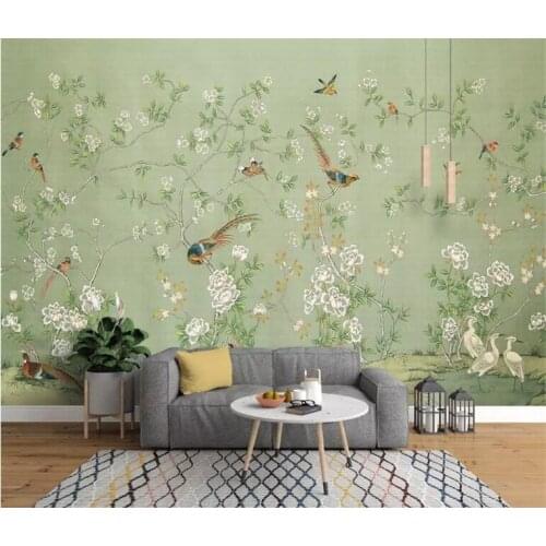 European new Chinese hand-painted pen flowers and birds nostalgic pastoral wallpaper background papel de parede