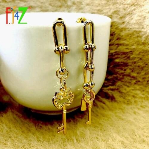 F.J4Z 2021 Trend Earrings for Women Minimalist Gold U Shape Linked Key Lock Mix-matched Statement Earring Aros Mujer Oreja
