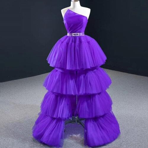Tiered Design A Line Evening Dress 2020 Purple Tulle Evening Gown Sexy Front Spilit Crystal Belt Lace Up Back