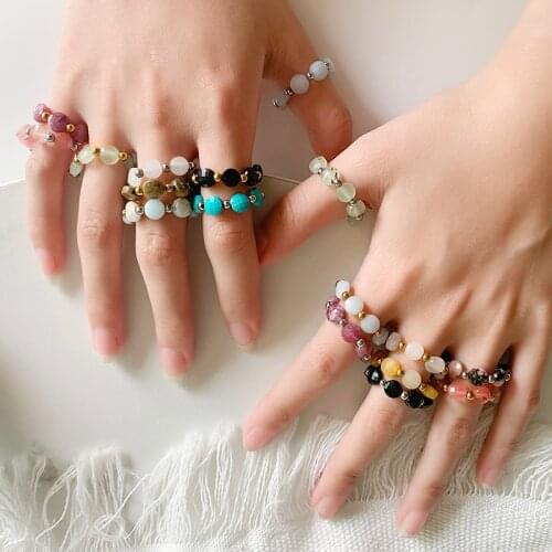 Fashion Flower Shape Natural Stone Rings with Stainless Steel Bead Crystal Turquoise Handmade Stretch Rope Rings for Women Girls