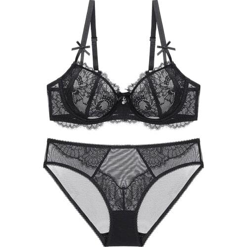 Sexy Ultra Thin Transparent Lace Bra With Underwire Plus Size Large Underwear Women Mesh Panties Set Lingerie A B C D E Cup