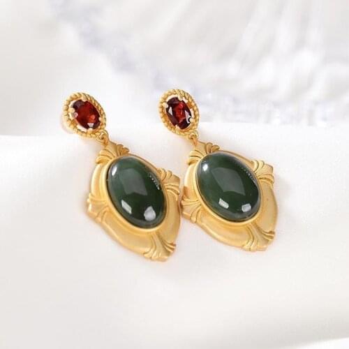 Silver inlaid natural Jasper Earrings Chinese style antique court charming womens Christmas and Halloween gifts