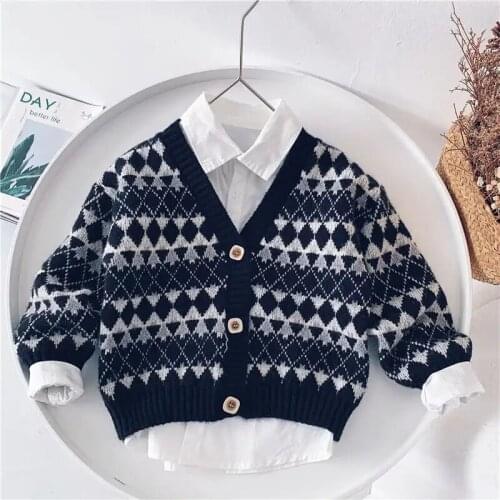 Toddler Boys Sweaters Cardigan Child V Neck Casual Sweater Coat Korean Style Rhombus Ethnic Style Kintt Sweater for Boy 2-8 Y