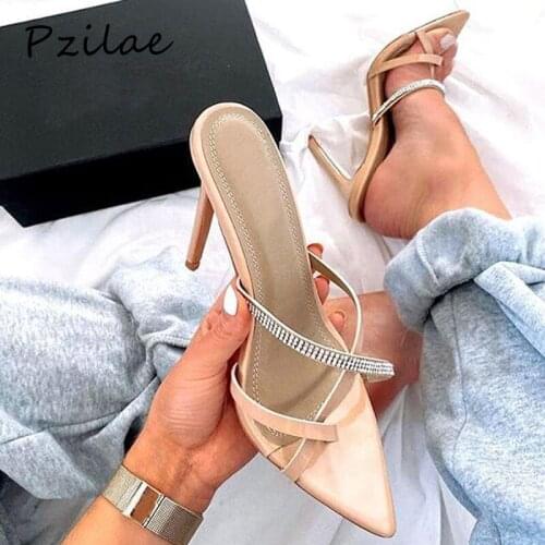 Pzilae 2020 women gladiator sandals slippers womens slides shoes pointed toe rhinestone strap slippers sexy high heels fip flops
