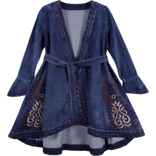 Women Embroidery Floral Trench Vintage Denim Coats with Belt Autumn Blue V-Neck Irregular Long Sleeve Cardigan Female