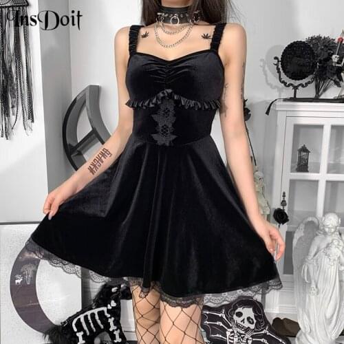 InsDoit Gothic Vintage Lace Black Corset Dress Women Velvet Harajuku A-LINE Dress Backless Sleeveless Aesthetic Club Party Dress