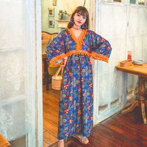 Summer New Women Retro Ethnic Printed Long Dress Bobo Ball V-neck Loose Mid-length Flare Sleeve Dress Bohemia Travel Beach Dress