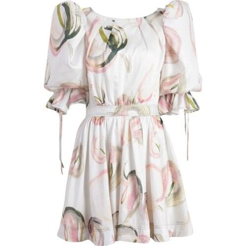 2021 New Hollow Open Back Printed Prom Dress Sexy Ladies High Waist Short Sleeve Square Neck Fashion Flower Open Back Dress