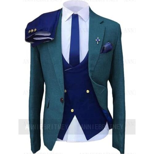 2021 Fashion Wedding Dress Suit For Men Green Coat Blue Vest Pants Slim Fit 3 Piece Custom Made Plus Size Best Man Party Tuxedo