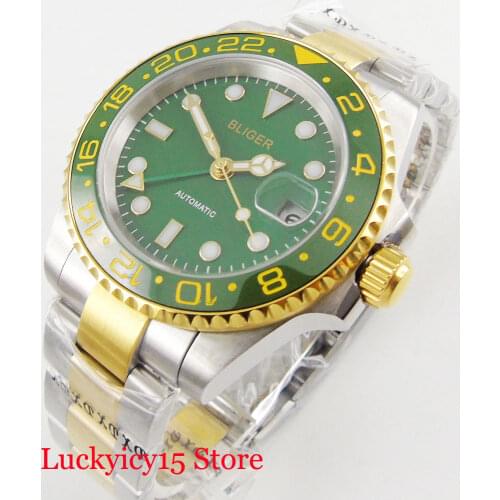 BLIGER Business Style Sapphire Glass Auto Date GMT Function Mental Strap Auto Date 40mm Wristwatch Rotating Bezel Gold Plated