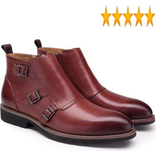 Side Buckle Luxury Zip Brand Mens Ankle Genuine Leather Handmade Vintage Wine Red Italian Wedding Dress Boots Shoes Men