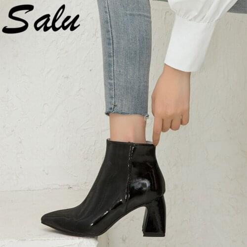 Salu Fashion Women Ankle Boots Autumn Winter Warm Genuine Leather High Heels Shoes Woman Round Toe Zipper Elegant Basic Boots