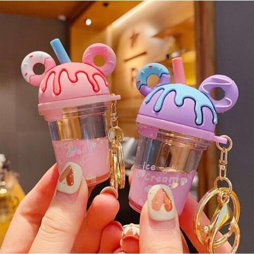 Cute Donut Milk Tea Cup Liquid Quicksand Sequin Keyring Cartoon Mickey Keychain Charm Car Bag Pendant Key Chain Accessries