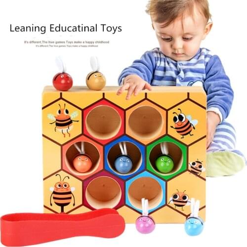 Wooden Children Montessori Early Education Beehive Game Leaning Educatinal Toys Childhood Color Cognitive Clip Small Bee Toy