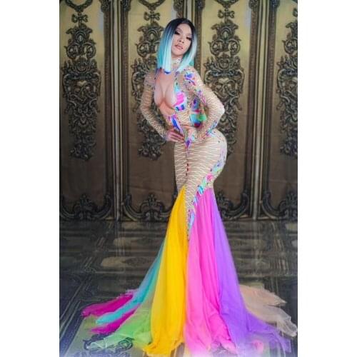 Crystals Colorful Mesh Trailing Dress One Piece Long Dress Female Singer Dancer Stage Wear Sexy Nightclub Bar Party Dance Dress