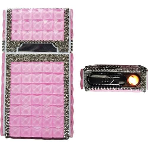 Exquisite Women Cigarette Case Box Diamond Shiny With USB Charging Lighter For Ordinary (7.6mm) And Slim Cigarettes (5.2mm)