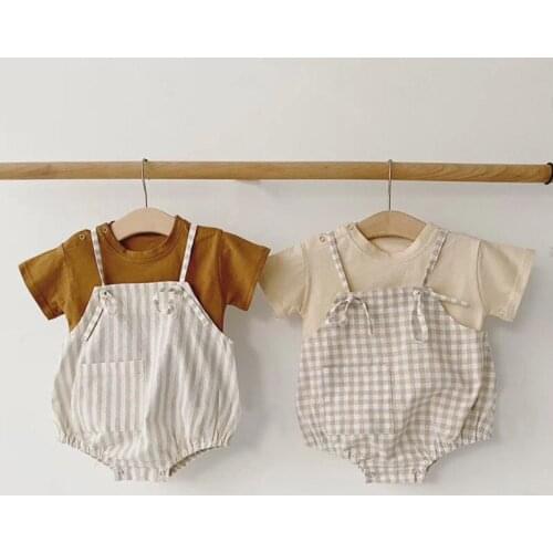 Unisex Baby Boys Girl Clothes Sets Spring Plaid Strap + T Shirt Casual Tops Toddler Newborn Outfit Set Summer Clothing For Baby