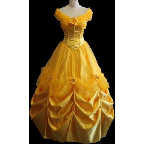 Cartoon Movie Girl And Beast Cosplay Belle Costume Adult Women Elegant Dress With Gloves Fancy Halloween Ball Gown
