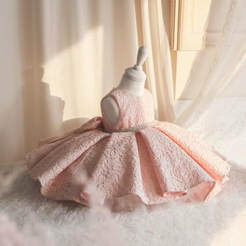 Beads Lace Baby Girl Dress Pink Tulle Baptism Dresses for Girls Princess 1st year Birthday Party Wedding Baby Pageant Clothing